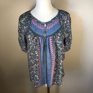 Lucky Brand Blue and Pink Floral Lightweight Short Sleeve Blouse Size S/P